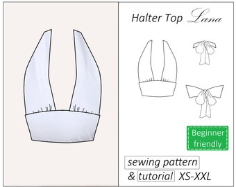 Halter top pattern Lana, crop top pattern PDF, halter neck top sewing pattern - instant download, sizes XS - XXL