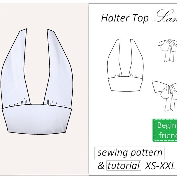 Halter top pattern Lana, crop top pattern PDF, halter neck top sewing pattern - instant download, sizes XS - XXL