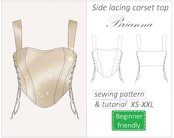 Corset top patter Brianna, side lacing corset pattern PDF, crop top bustier sewing pattern - instant download, sizes XS - XXL