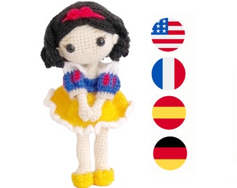 Crochet doll pattern PDF, princess amigurumi doll pattern PDF (English, French, Spanish, German)