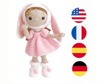 Crochet doll pattern PDF Nicole, amigurumi doll pattern, doll with clothes Marshmallow bunny outfit (English, French, Spanish, German)