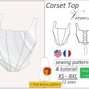 Patron de haut corset Vanessa, patron PDF de corset, patron de couture bustier crop top téléchargement immédiat, tailles XS 8XL English, Français image 1