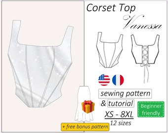 Corset top pattern Vanessa, corset pattern PDF, crop top bustier sewing pattern - instant download, sizes XS - 8XL (English, Français)