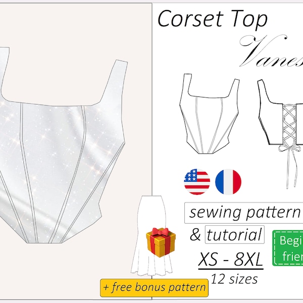 Corset top pattern Vanessa, corset pattern PDF, crop top bustier sewing pattern - instant download, sizes XS - 8XL (English, Français)