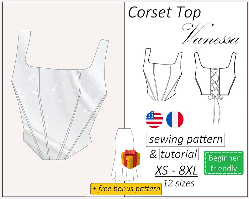Patron de haut corset Vanessa, patron PDF de corset, patron de couture bustier crop top téléchargement immédiat, tailles XS 8XL English, Français image 1