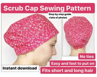 Scrub cap pattern no ties, scrub hat sewing pattern PDF scrub caps for women surgical cap nurse medical- easy for beginners instant download