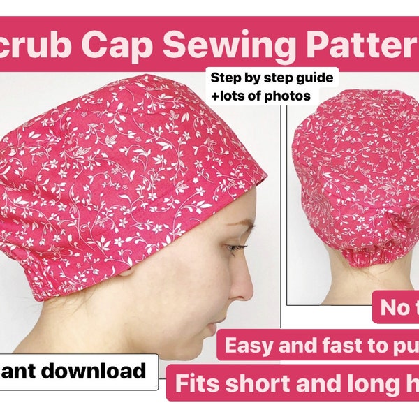 Scrub cap pattern no ties, scrub hat sewing pattern PDF scrub caps for women surgical cap nurse medical- easy for beginners instant download