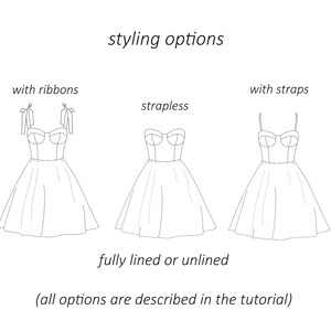 May include: Line drawing illustration showing styling options for a dress. The dress can be made with ribbons, straps, or strapless. The dress can be fully lined or unlined. The text "styling options" is at the top of the image. The text "with ribbons", "with straps", and "strapless" are above each dress. The text "fully lined or unlined" is below the dresses. The text "(all options are described in the tutorial)" is at the bottom of the image.
