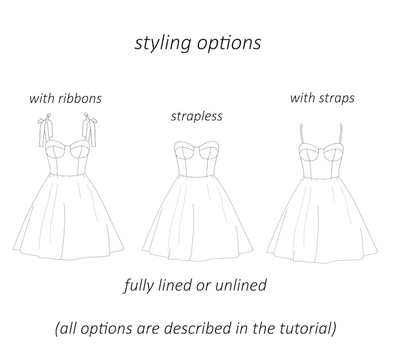 May include: Line drawing illustration showing styling options for a dress. The dress can be made with ribbons, straps, or strapless. The dress can be fully lined or unlined. The text "styling options" is at the top of the image. The text "with ribbons", "with straps", and "strapless" are above each dress. The text "fully lined or unlined" is below the dresses. The text "(all options are described in the tutorial)" is at the bottom of the image.