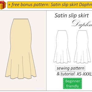 May include: A sewing pattern and tutorial for a satin slip skirt called "Daphne". The pattern is available in sizes XS-XXXL and is beginner friendly. The image shows a line drawing of the skirt.