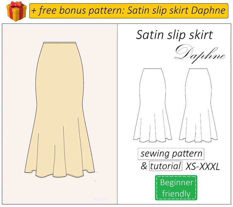 May include: A sewing pattern and tutorial for a satin slip skirt called "Daphne". The pattern is available in sizes XS-XXXL and is beginner friendly. The image shows a line drawing of the skirt.