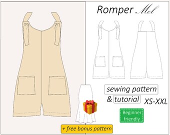 Romper pattern Mel, romper sewing pattern PDF, easy jumpsuit shorts pattern for women overall - instant download, sizes XS - XXL