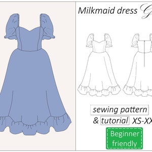 Sweetheart dress pattern Grace, milkmaid puff sleeves cottagecore dress pattern summer, vintage women sewing patterns PDF - instant download