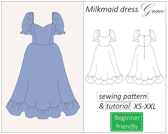 Sweetheart dress pattern Grace, milkmaid puff sleeves cottagecore dress pattern summer, vintage women sewing patterns PDF - instant download