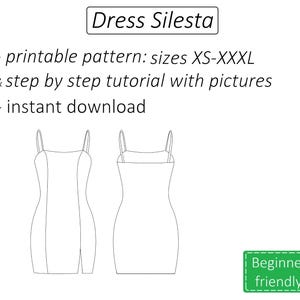 Pode incluir: Desenho de linha de um vestido sem mangas com decote quadrado. O vestido &eacute; mostrado em vista frontal e traseira. O texto "Dress Silesta" est&aacute; na parte superior da imagem. O texto "printable pattern: sizes XS-XXXL & step by step tutorial with pictures - instant download" est&aacute; abaixo do vestido. O texto "Beginner friendly" est&aacute; em uma caixa verde na parte inferior direita da imagem.