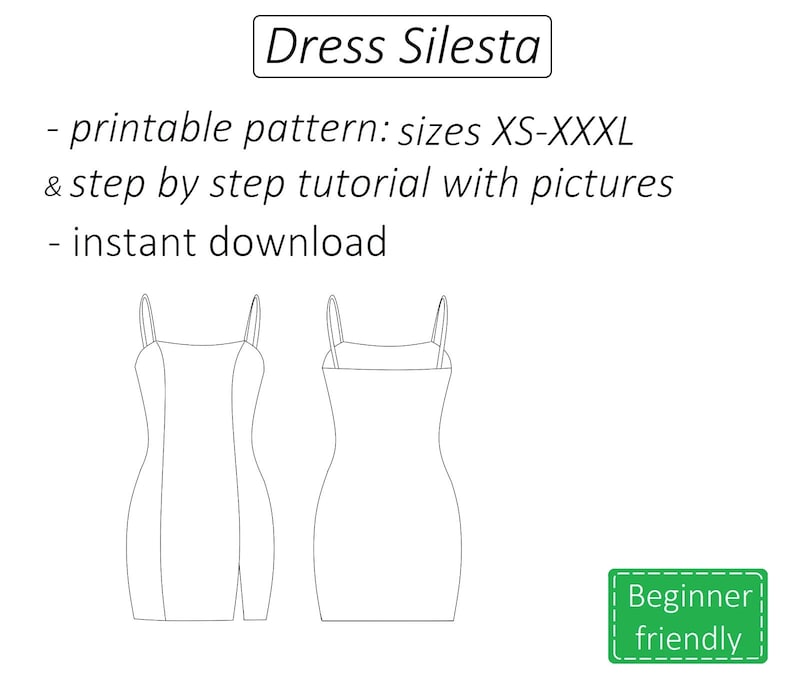Pode incluir: Desenho de linha de um vestido sem mangas com decote quadrado. O vestido &eacute; mostrado em vista frontal e traseira. O texto "Dress Silesta" est&aacute; na parte superior da imagem. O texto "printable pattern: sizes XS-XXXL & step by step tutorial with pictures - instant download" est&aacute; abaixo do vestido. O texto "Beginner friendly" est&aacute; em uma caixa verde na parte inferior direita da imagem.