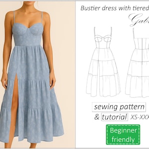 Bustier dress pattern Gabriela, prom midi dress sewing pattern PDF, tiered summer sundress dress pattern for women instant download, XS-XXXL