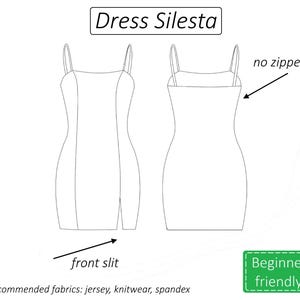 Pode incluir: Desenho de linha de um vestido sem mangas com uma fenda na frente. O vestido tem uma silhueta simples e ajustada. O texto "Dress Silesta" est&aacute; no topo da imagem. O texto "no zipper" est&aacute; escrito ao lado de uma seta apontando para o topo do vestido. O texto "front slit" est&aacute; escrito ao lado de uma seta apontando para a parte inferior do vestido. O texto "recommended fabrics: jersey, knitwear, spandex" est&aacute; na parte inferior da imagem. O texto "Beginner friendly" est&aacute; em uma caixa verde na parte inferior direita da imagem.