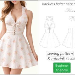 May include: A white halter neck dress with a floral pattern, featuring a fitted bodice and flared skirt. The dress has a bow detail at the neckline and a row of buttons down the front. The image also includes a sewing pattern and the text "Beginner friendly".