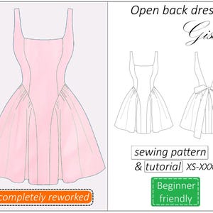 オープンバックドレスのパターン ジゼル、プロムドレスの縫製パターン PDF、女性用ミニドレスのウェディングドレスのパターン - 即時ダウンロード、サイズ XS -XXXL
