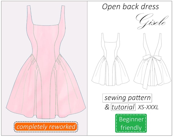Open back dress pattern Gisele, prom dress sewing pattern PDF, wedding dress pattern for women mini dress - instant download, sizes XS -XXXL