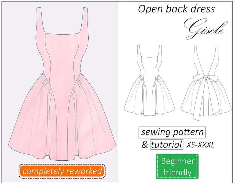 Puede incluir: Un patr&oacute;n de costura para un vestido de espalda abierta llamado "Gisele". El patr&oacute;n incluye un tutorial y est&aacute; disponible en tallas XS-XXXL. El patr&oacute;n es f&aacute;cil para principiantes.