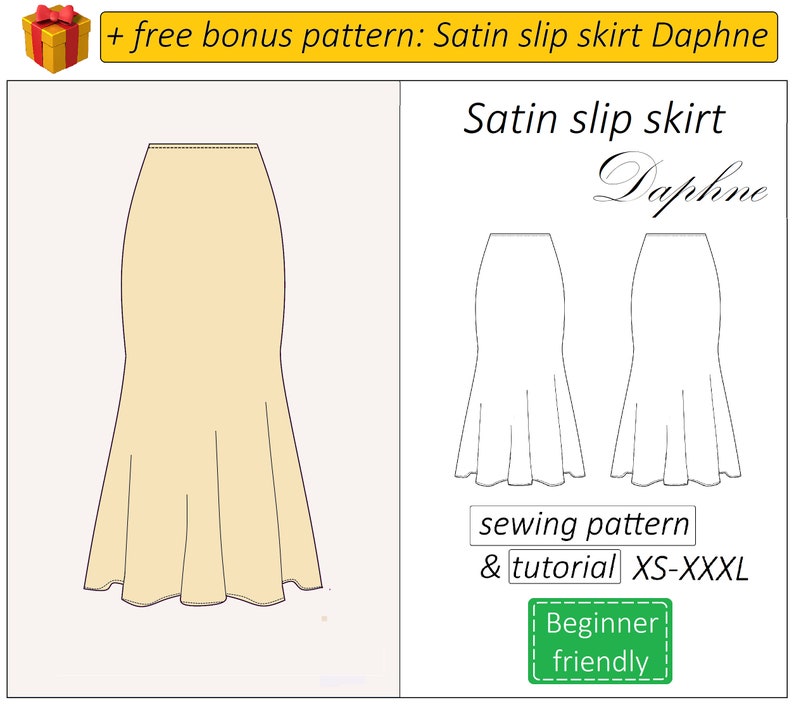 Peut inclure: Patron de couture pour une jupe en satin appel&eacute;e "Daphne". Le patron comprend un tutoriel et est disponible dans les tailles XS-XXXL. Le patron est facile &agrave; r&eacute;aliser pour les d&eacute;butants.