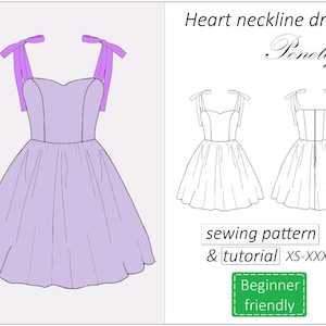 May include: A lilac-colored dress with a heart-shaped neckline and bow straps. The image includes a line drawing of the dress and text that reads "Heart neckline dress Penelope" and "sewing pattern & tutorial XS-XXXL" and "Beginner friendly".