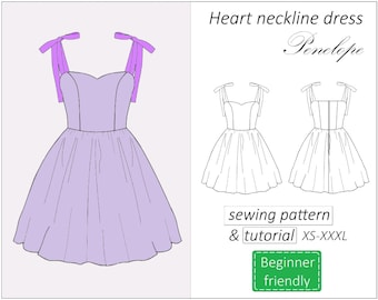 Dress pattern Penelope, heart neckline dress sewing pattern PDF, sweetheart summer dress pattern for women - instant download, XS- XXXL