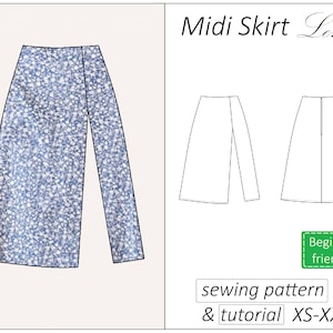 Skirt pattern Lena, flared midi skirt sewing pattern PDF for women, easy slit skirt with zipper  - instant download, sizes XS - XXL