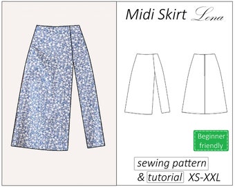Skirt pattern Lena, flared midi skirt sewing pattern PDF for women, easy slit skirt with zipper  - instant download, sizes XS - XXL