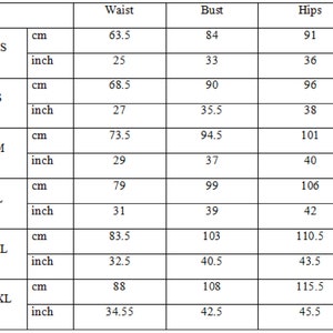 May include: A size chart detailing waist, bust, and hip measurements in both centimetres and inches. Sizes XS to XXL are listed, with measurements such as 63.5 cm waist and 84 cm bust for XS, and 88 cm waist and 108 cm bust for XXL.