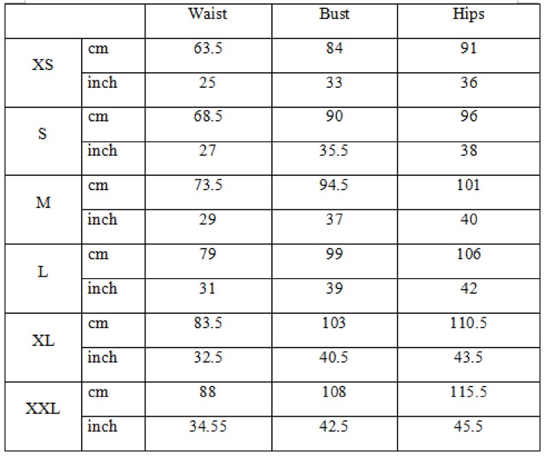 May include: A size chart detailing waist, bust, and hip measurements in both centimetres and inches. Sizes XS to XXL are listed, with measurements such as 63.5 cm waist and 84 cm bust for XS, and 88 cm waist and 108 cm bust for XXL.