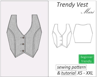 Vest sewing pattern Mari, cropped waistcoat pattern PDF short, button front tank top crop top pattern - instant download, sizes XS - XXL