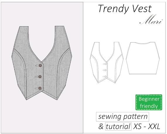 Vest sewing pattern Mari, cropped waistcoat pattern PDF short, button front tank top crop top pattern - instant download, sizes XS - XXL