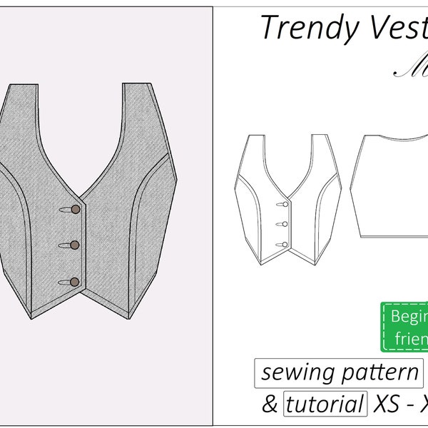 Vest sewing pattern Mari, cropped waistcoat pattern PDF short, button front tank top crop top pattern - instant download, sizes XS - XXL