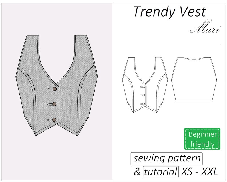 May include: A sewing pattern and tutorial for a trendy vest. The pattern includes sizes XS to XXL and is beginner friendly. The vest is grey with brown buttons.