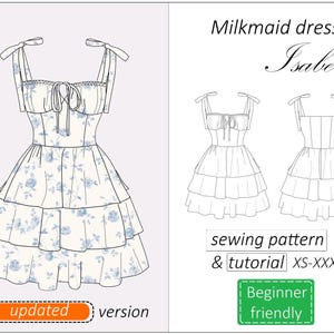 Può includere: Un cartamodello e un tutorial per un abito da lattaia chiamato "Isabel". L'abito ha uno sfondo bianco con stampa floreale blu e una gonna a balze. Il cartamodello è disponibile nelle taglie XS-XXXL ed è adatto ai principianti.