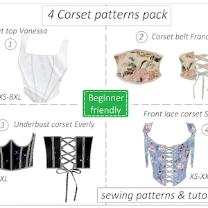 Set of 4 Corset patterns, corset top pattern, corset belt pattern PDF front lace, crop top bustier sewing pattern - instant download