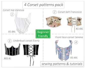 Set of 4 Corset patterns, corset top pattern, corset belt pattern PDF front lace, crop top bustier sewing pattern - instant download