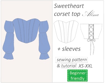 Corset top pattern Alina, sweetheart corset pattern PDF with sleeves, crop top bustier sewing pattern - instant download, sizes XS - XXL