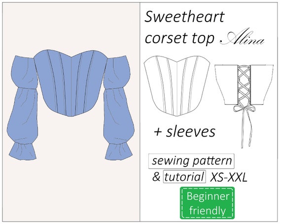 Corset top pattern Alina, sweetheart corset pattern PDF with sleeves, crop top bustier sewing pattern - instant download, sizes XS - XXL