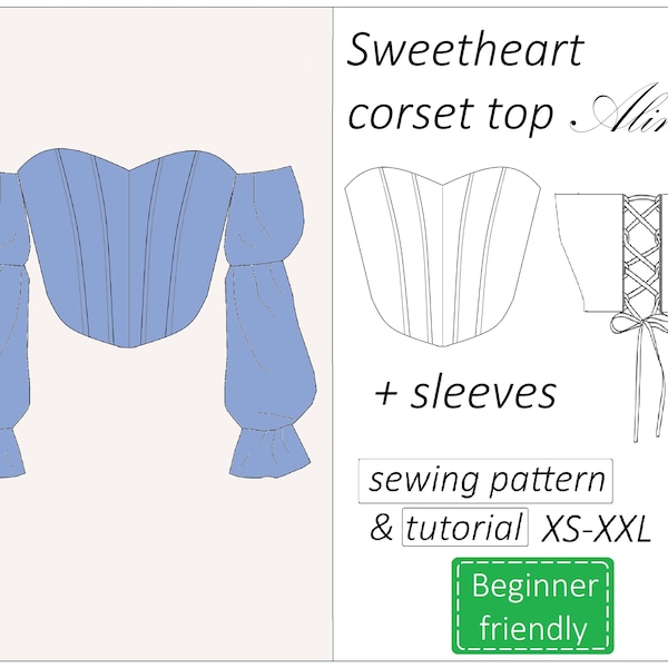 Corset top pattern Alina, sweetheart corset pattern PDF with sleeves, crop top bustier sewing pattern - instant download, sizes XS - XXL