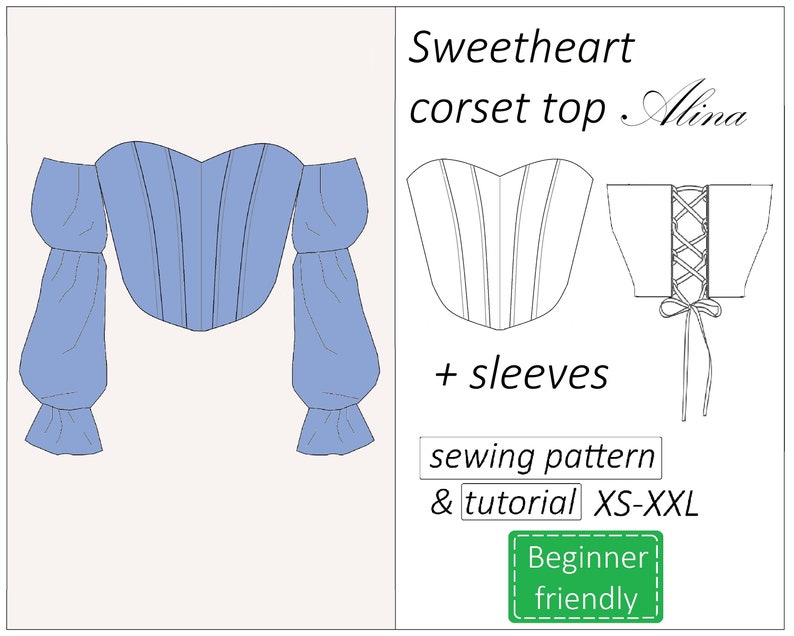 Peut inclure: Patron de couture et tutoriel pour un haut corset &agrave; d&eacute;collet&eacute; en c&oelig;ur avec manches. Le patron est disponible en tailles XS-XXL et est adapt&eacute; aux d&eacute;butants. L'image montre un haut bleu avec un d&eacute;collet&eacute; en c&oelig;ur et des manches bouffantes.