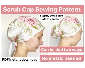 Scrub cap pattern, scrub hat sewing pattern scrub cap ponytail PDF scrub caps for women surgical cap nurse medical instant download