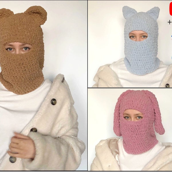 Balaclava crochet pattern with ears, crochet hat beanie pattern PDF Instant download (PDF pattern, no physical item will be shipped to you)
