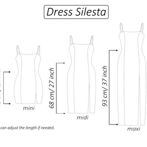 Pode incluir: Ilustra&ccedil;&atilde;o de desenho de linha de um vestido em tr&ecirc;s comprimentos diferentes: mini, midi e maxi. O vestido tem um design simples e sem mangas com um decote reto. As medidas s&atilde;o fornecidas em cent&iacute;metros e polegadas.