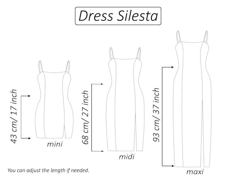 Pode incluir: Ilustra&ccedil;&atilde;o de desenho de linha de um vestido em tr&ecirc;s comprimentos diferentes: mini, midi e maxi. O vestido tem um design simples e sem mangas com um decote reto. As medidas s&atilde;o fornecidas em cent&iacute;metros e polegadas.