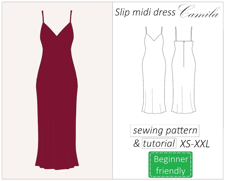 Dress pattern Camila, slip dress sewing pattern PDF, evening gown pattern, graduation formal dress pattern - instant download sizes XS - XXL image 1