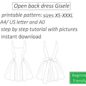 Puede incluir: Dibujo de l&iacute;nea de un vestido con la espalda abierta, con un lazo en la cintura. El texto "Open back dress Gisele" est&aacute; en la parte superior de la imagen. El texto "printable pattern: sizes XS-XXXL" est&aacute; debajo del vestido. El texto "A4/US letter and AO" est&aacute; debajo del texto anterior. El texto "& step by step tutorial with pictures" est&aacute; debajo del texto anterior. El texto "instant download" est&aacute; debajo del texto anterior. El texto "Beginner friendly" est&aacute; en un cuadro verde en la parte inferior derecha de la imagen.